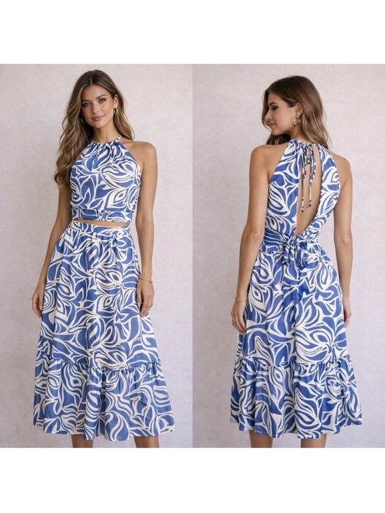 1. State Dresses & Skirts - 1. State Blue & White Printed Halter Midi Skirt